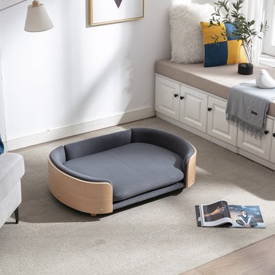 Bencmate Bencmate Modern Stain-Resistant Fabric, Carved Wood Legs Dog & Cat Sofa Bed with Removable Velvet Cover, Dark Grey, 38.58 x 26.77 x 11.02-in