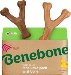 Benebone Wishbone Durable Aggressive Chewers, Real Bacon & Chicken Tough Chew Dog Toy, Brown, 2 count, Medium