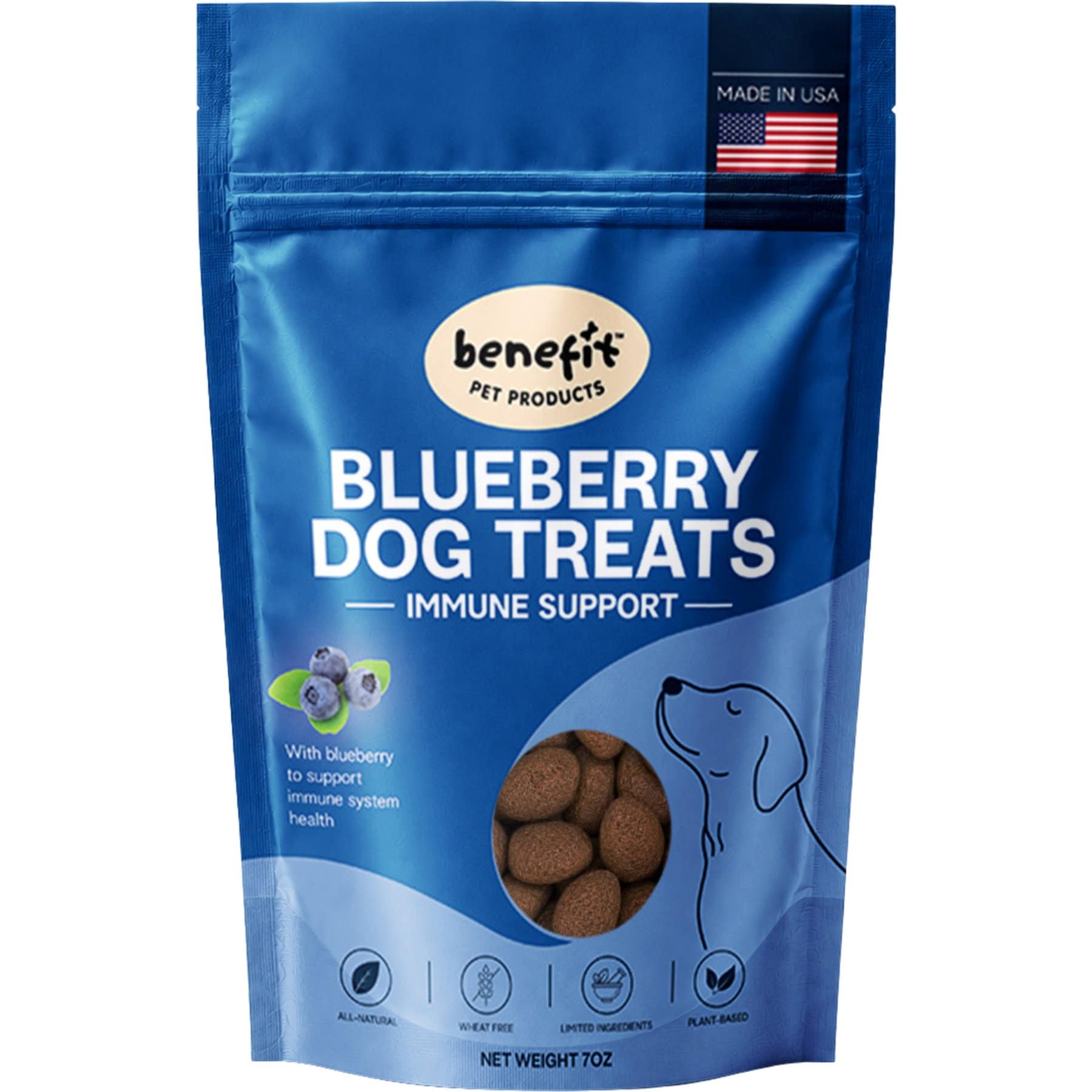 Benefit Pet Products Blueberry Immunity Gluten-Free Limited Ingredient Natural Plant Based Crunchy Dog Treats, 7-oz bag