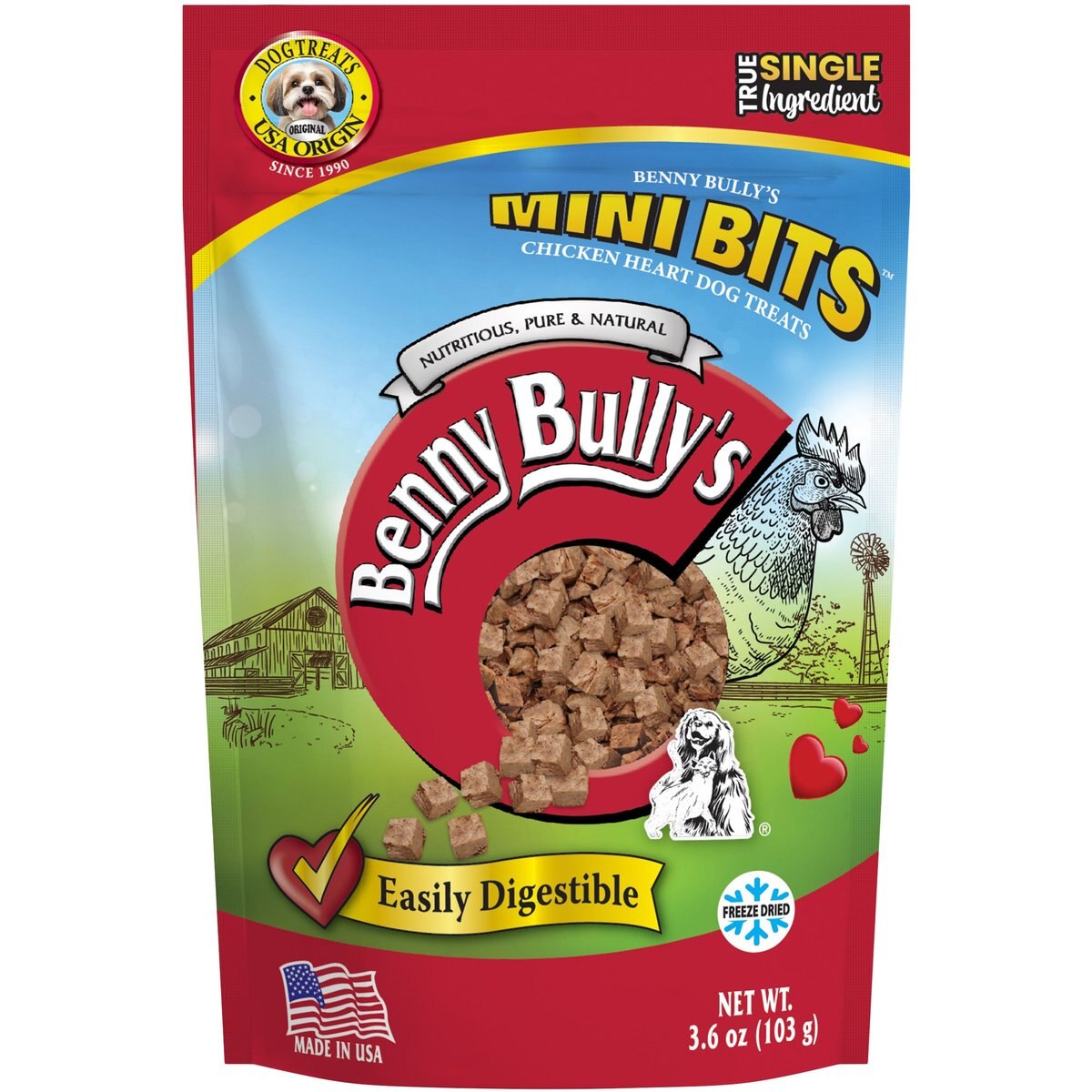 Benny Bullys Chicken Heart Mini Bits Raw Freeze-Dried Dog Treats, 3.6-oz bag