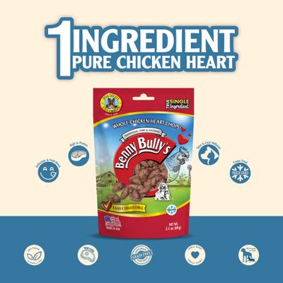 Show full view: Benny Bullys Chicken Whole Heart Raw Freeze-Dried Dog Treats, 2.1-oz bag slide 4 of 7