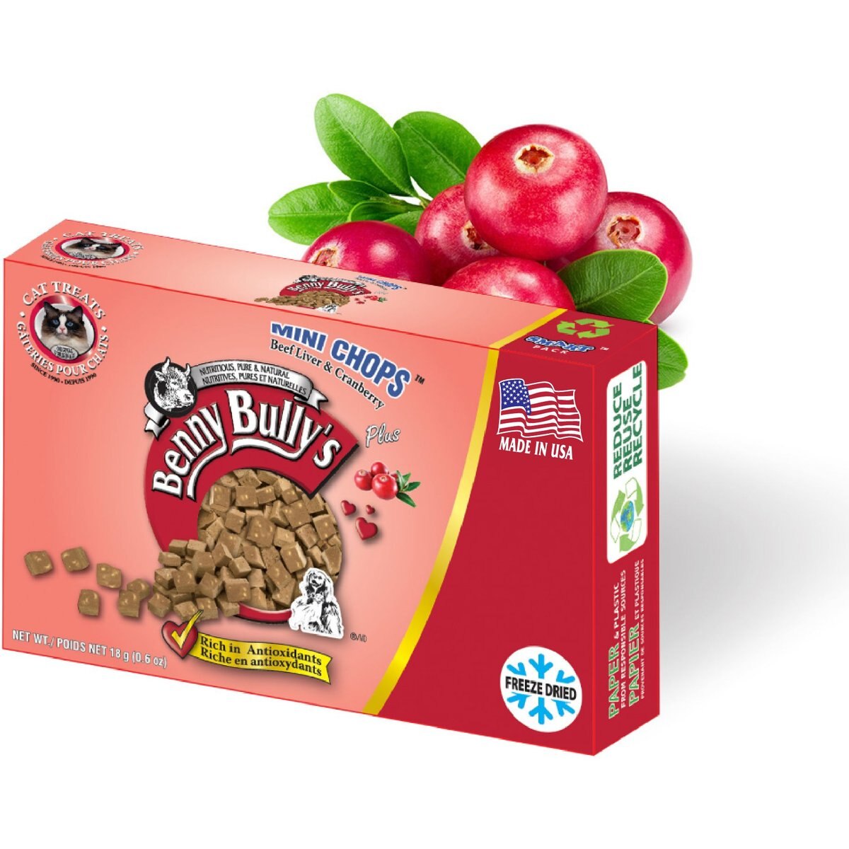 Benny Bullys Mini Chops Smart Pack Beef Liver Plus Cranberry Freeze-Dried Cat Treats, .6-oz box