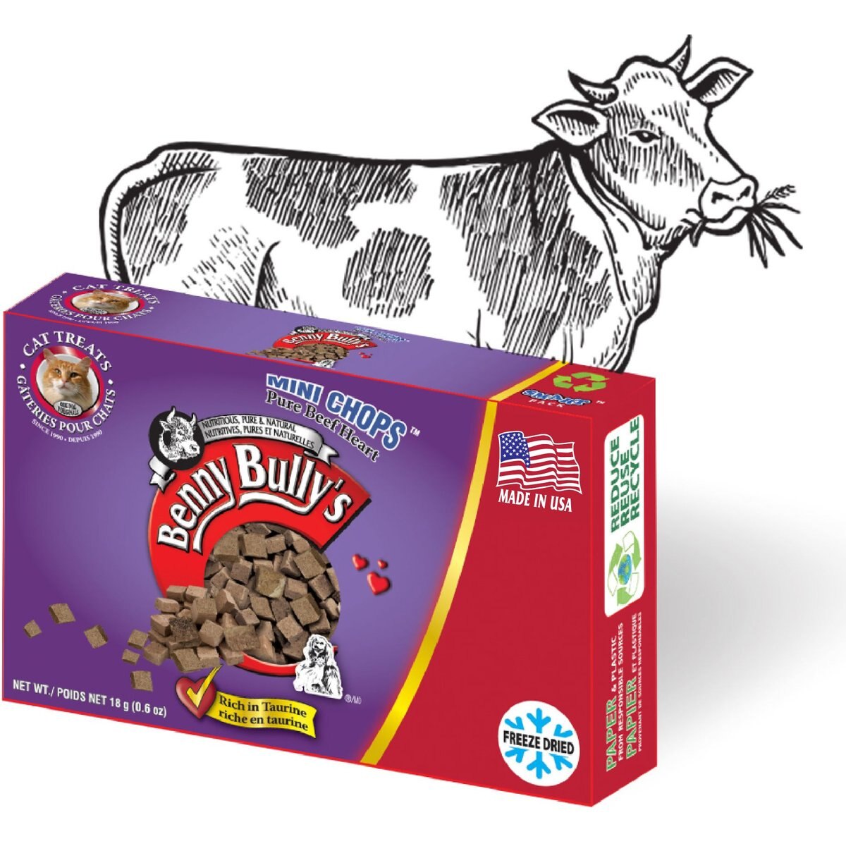 Benny Bullys Mini Chops Smart Pack Pure Beef Heart Freeze-Dried Cat Treats, .6-oz box