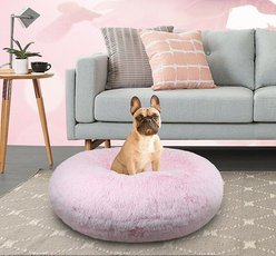 Bessie + Barnie Signature Short Shag Luxury Extra Plush Faux Fur Bagel Dog & Cat Bed, Bubble gum, X-Large slide 1 of 4