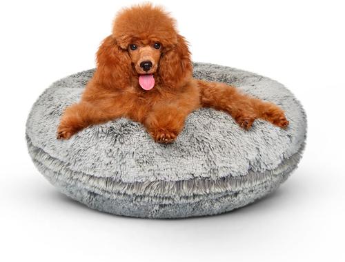 Show full view: Bessie + Barnie Signature Short Shag Luxury Extra Plush Faux Fur Bagel Dog & Cat Bed, Frosted Snow, Medium slide 3 of 9