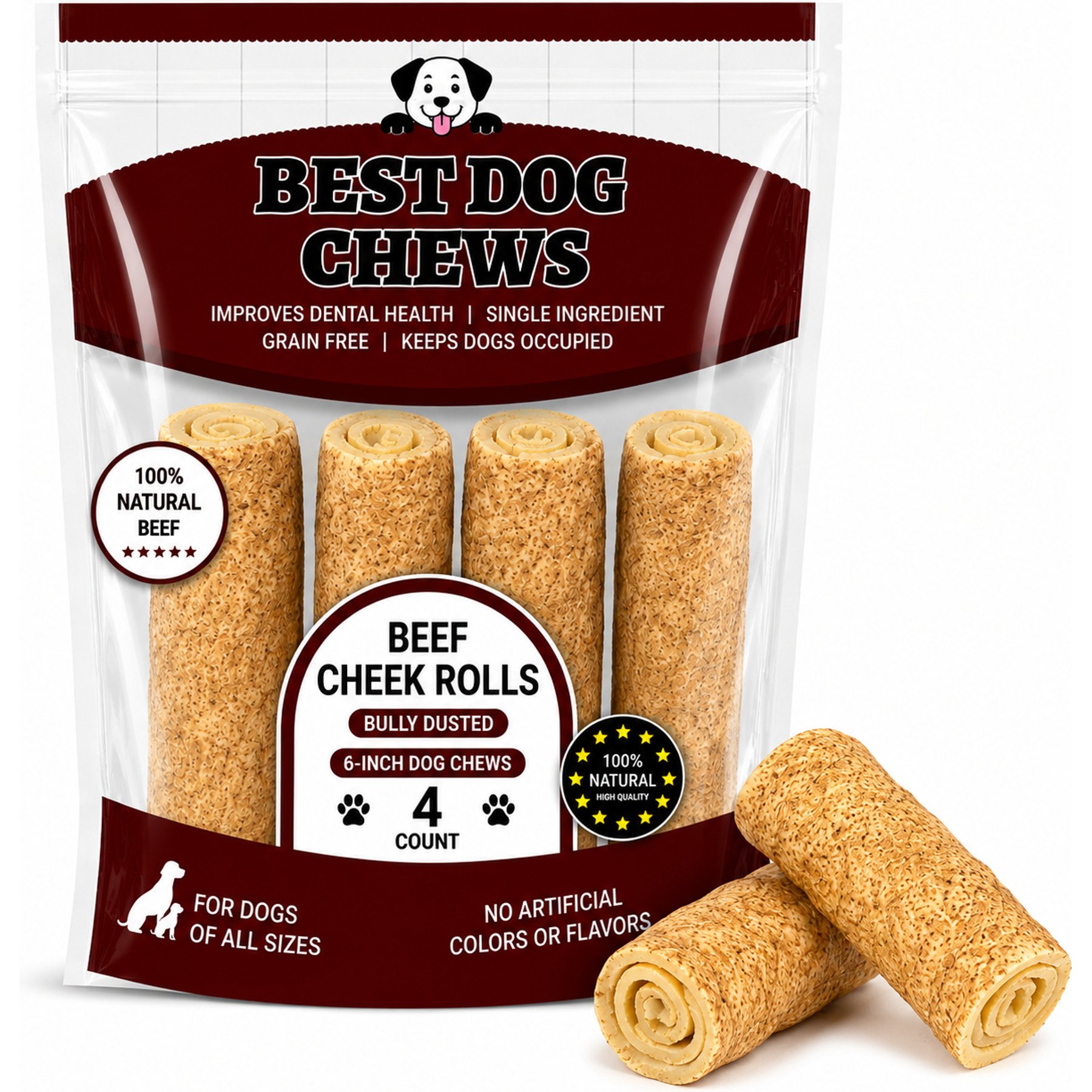 Best Dog Chews Beef Cheek Rolls Bully Dusted 5 to 6-in Dog Treats, 4 count