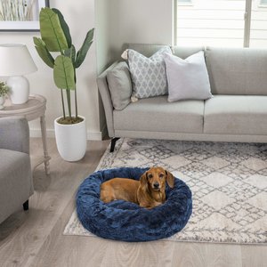 Best Friends by Sheri Calming Lux Fur Donut Cuddler Bolster Cat & Dog Bed, Navy, Small