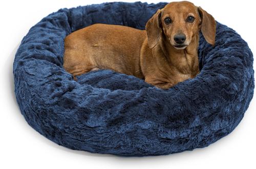 Show full view: Best Friends by Sheri Calming Lux Fur Donut Cuddler Bolster Cat & Dog Bed, Navy, Small slide 2 of 10