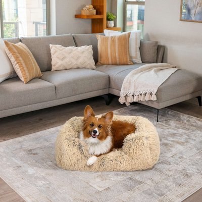 Best Friends by Sheri Best Friends by Sheri Soothe & Snooze Lounge Shag Rectangular Orthopedic Bolster Dog Bed, Taupe, Medium