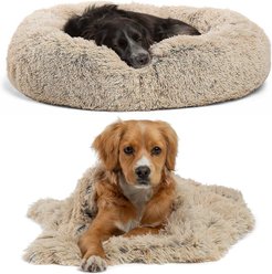 Best Friends by Sheri Throw Shag Blanket, Taupe, Standard & Best Friends by Sheri The Original Calming Shag Fur Donut Cuddler Cat & Dog Bed, Taupe, Medium