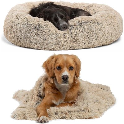 Best Friends by Sheri Best Friends by Sheri Throw Shag Blanket, Taupe, Standard & Best Friends by Sheri The Original Calming Shag Fur Donut Cuddler Cat & Dog Bed, Taupe, Medium