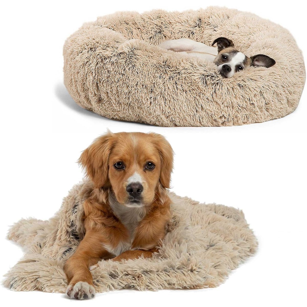 Best Friends by Sheri Throw Shag Blanket, Taupe, Standard & Best Friends by Sheri The Original Calming Shag Fur Donut Cuddler Cat & Dog Bed, Taupe, Small