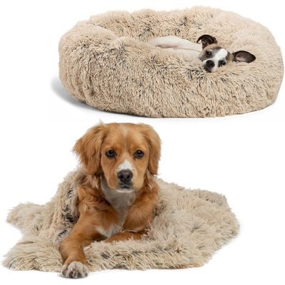 Best Friends by Sheri Best Friends by Sheri Throw Shag Blanket, Taupe, Standard & Best Friends by Sheri The Original Calming Shag Fur Donut Cuddler Cat & Dog Bed, Taupe, Small