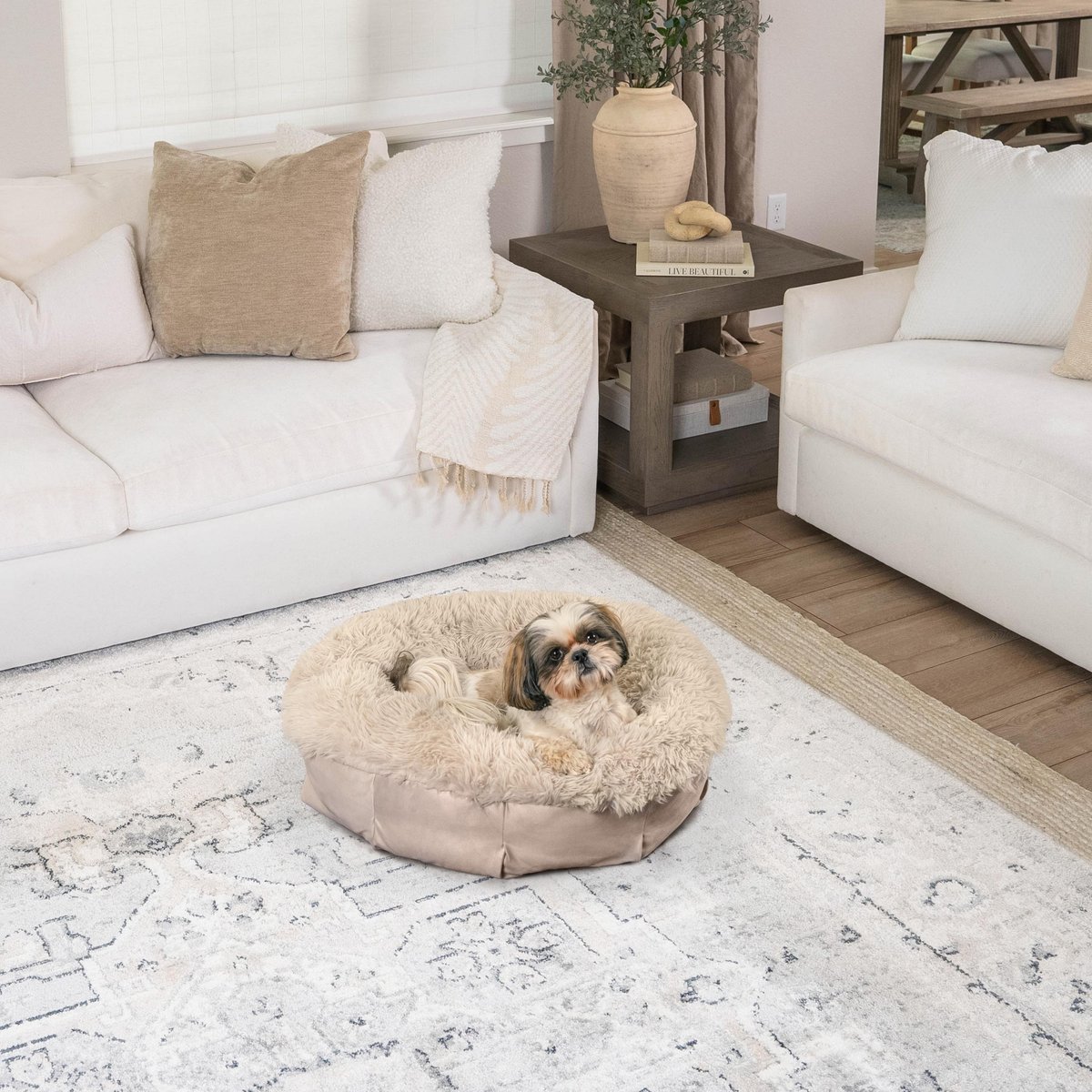 Best Friends by Sheri Ultra Calming Orthopedic Pouf Luxury Donut Dog Bed with Removable Cover, Tan, Small
