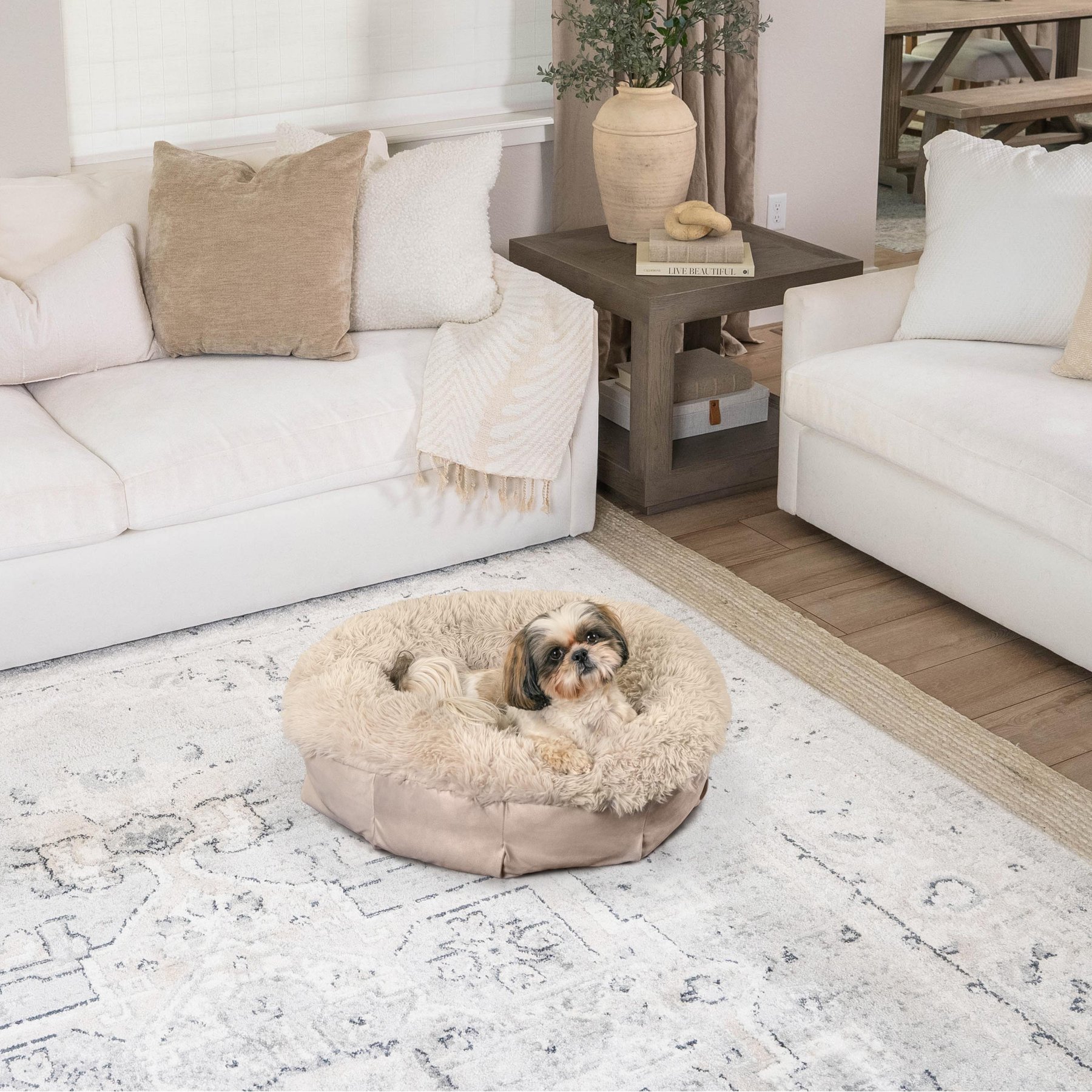 Best Friends by Sheri Ultra Calming Orthopedic Pouf Luxury Donut Dog Bed with Removable Cover, Tan, Small