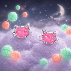 Best FURever Friends Enamel Kitty Cat Face Sterling Silver Stud Earrings, Pink slide 2 of 3