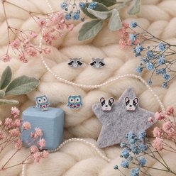 Best FURever Friends Enamel Sterling Silver Stud Trio Dog, Owl & Raccoon Earrings, Blue slide 2 of 4