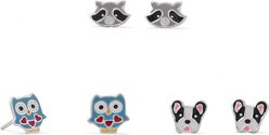 Best FURever Friends Enamel Sterling Silver Stud Trio Dog, Owl & Raccoon Earrings, Blue
