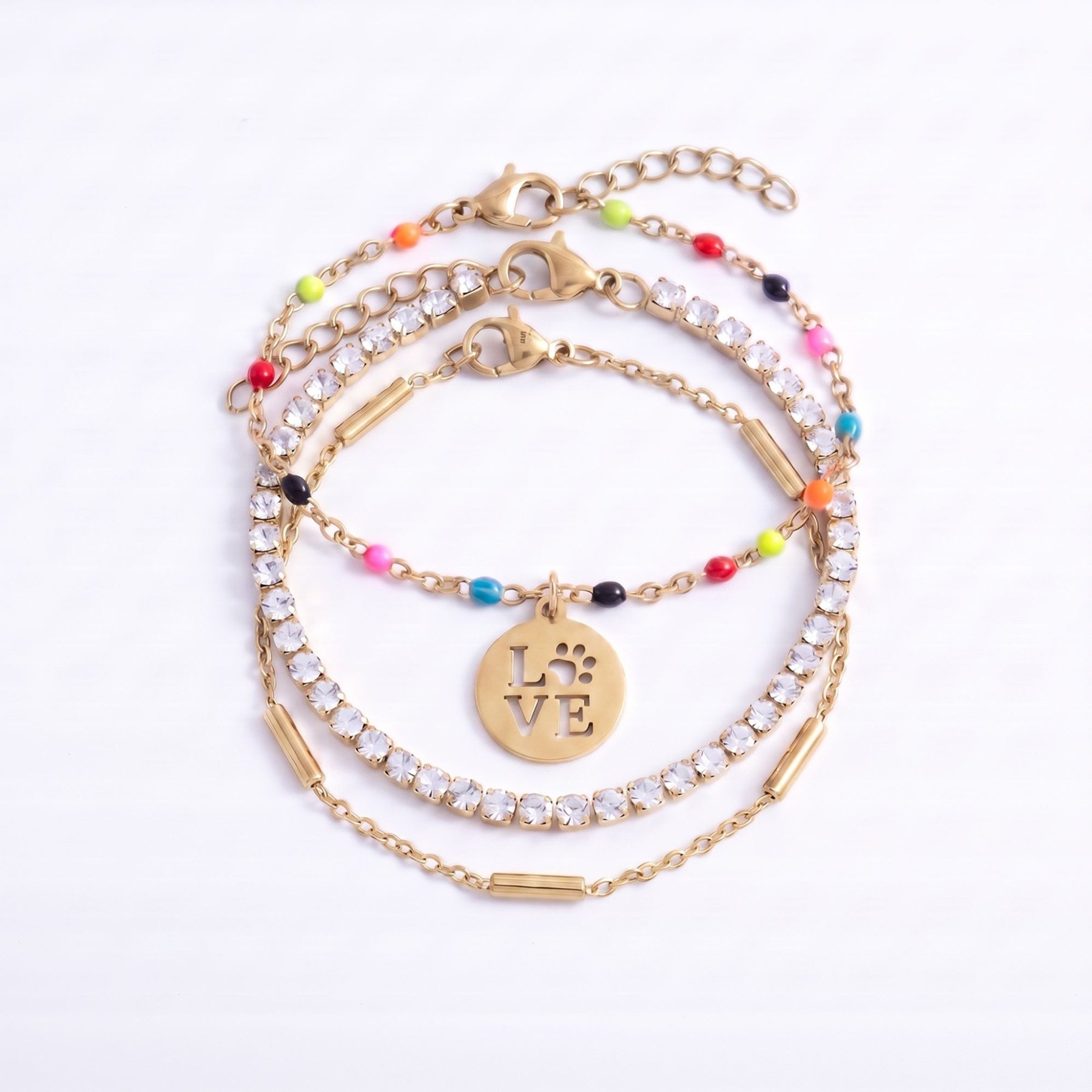 Best FURever Friends Gold Plated Stainless Steel Love Paw Print Trio Bracelet, Gold