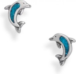 Best FURever Friends Sterling Silver Chip Inlay Dolphin Stud Earrings, Turquoise