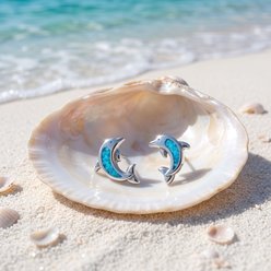 Best FURever Friends Sterling Silver Chip Inlay Dolphin Stud Earrings, Turquoise slide 2 of 3