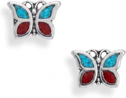 Best FURever Friends Sterling Silver & Coral Chip Inlay Butterfly Stud Earrings, Turquoise