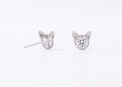 Best FURever Friends Sterling Silver Crystal Mini Cat Face Stud Earrings, Silver