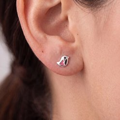 Best FURever Friends Sweet Sterling Silver Love Bird Stud Earrings, Pink slide 2 of 3
