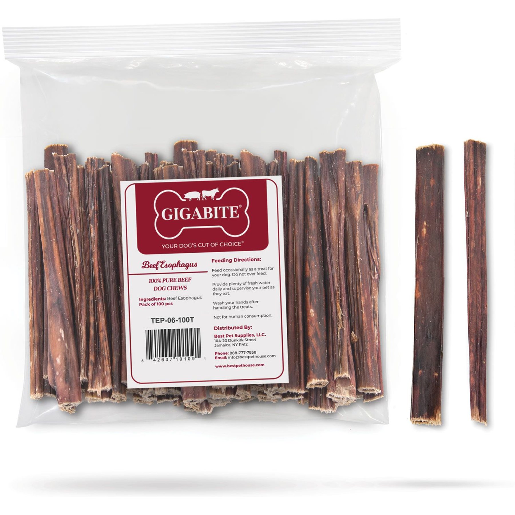 Best Pet Supplies GigaBite All-Natural Adult 6-inch Beef Gullet Jerky, Free-Range Beef Esophagus Sticks Jerky Dog Treats, 80 count