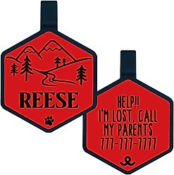 Besties Mini Mountain Adventure Design Jingle-Free Silicone Cat & Dog ID Tag, Red