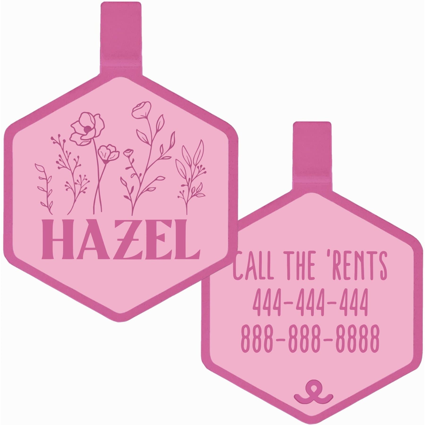 Besties Mini Wildflowers Design Jingle-Free Silicone Cat & Dog ID Tag, Flamingo Pink