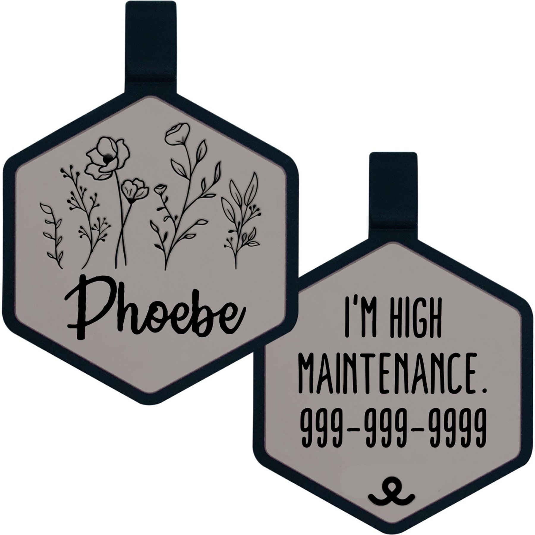 Besties Mini Wildflowers Design Jingle-Free Silicone Cat & Dog ID Tag, Grey