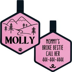 Besties Mountain Adventure Design Jingle-Free Silicone Dog ID Tag, Blush Pink