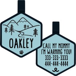 Besties Mountain Adventure Design Jingle-Free Silicone Dog ID Tag, Sky Blue