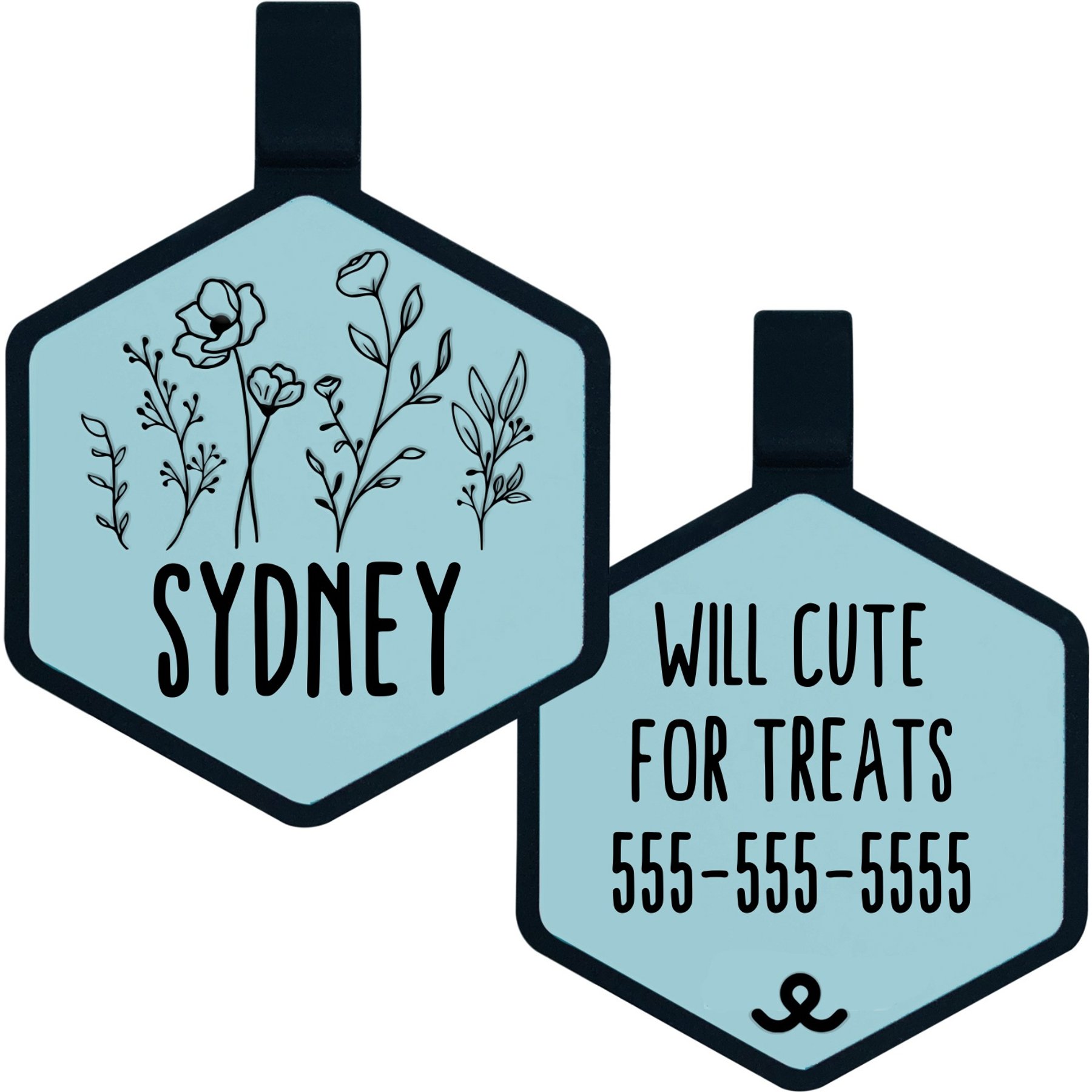 Besties Wildflowers Design Jingle-Free Silicone Dog ID Tag, Sky Blue