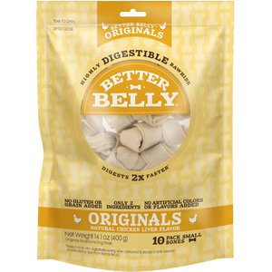 Better Belly Originals Bones Highly-Digestible Rawhide Chicken Liver Flavor Dog Treat Chew, Small, 10 count