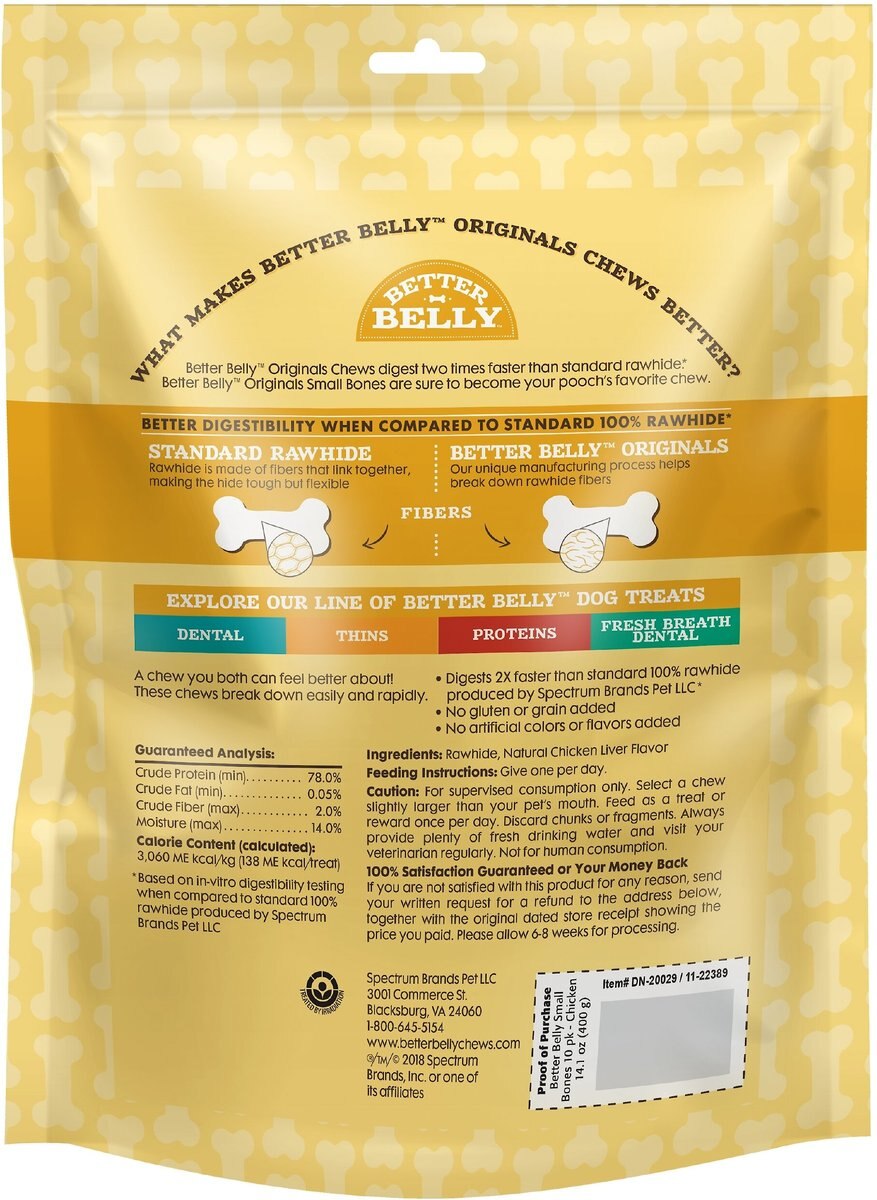 Better Belly Originals Bones Highly-Digestible Rawhide Chicken Liver Flavor Dog Treat Chew
