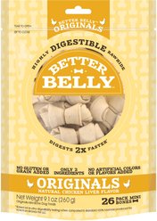 Better Belly Originals Bones Highly-Digestible Rawhide Chicken Liver Flavor Dog Treat Chew, Mini, 26 count