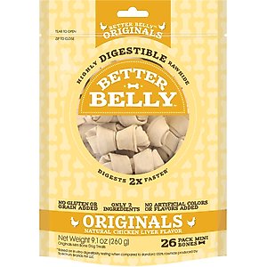 Better Belly Originals Bones Highly-Digestible Rawhide Chicken Liver Flavor Dog Treat Chew, Mini, 26 count