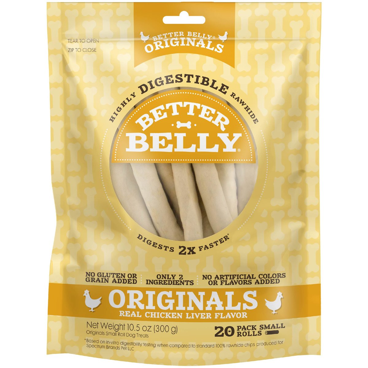 Better Belly Originals Rolls Chicken Liver Flavor Highly-Digestible Rawhide Dog Treat Chew, Small, 20 count