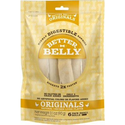 Better Belly Better Belly Originals Rolls Chicken Liver Flavor Highly-Digestible Rawhide Dog Treat Chew, 6 count