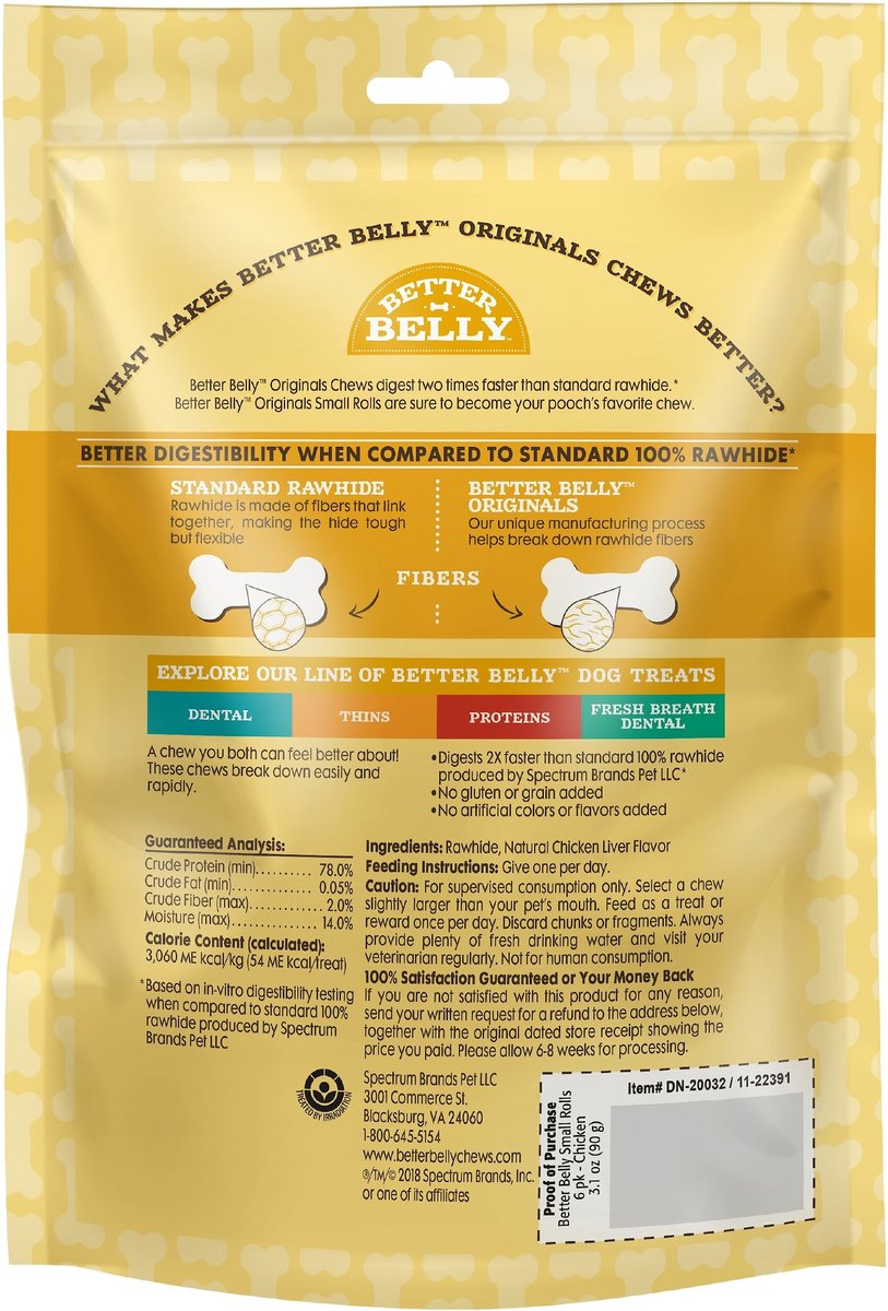 Better Belly Originals Rolls Chicken Liver Flavor Highly-Digestible Rawhide Dog Treat Chew