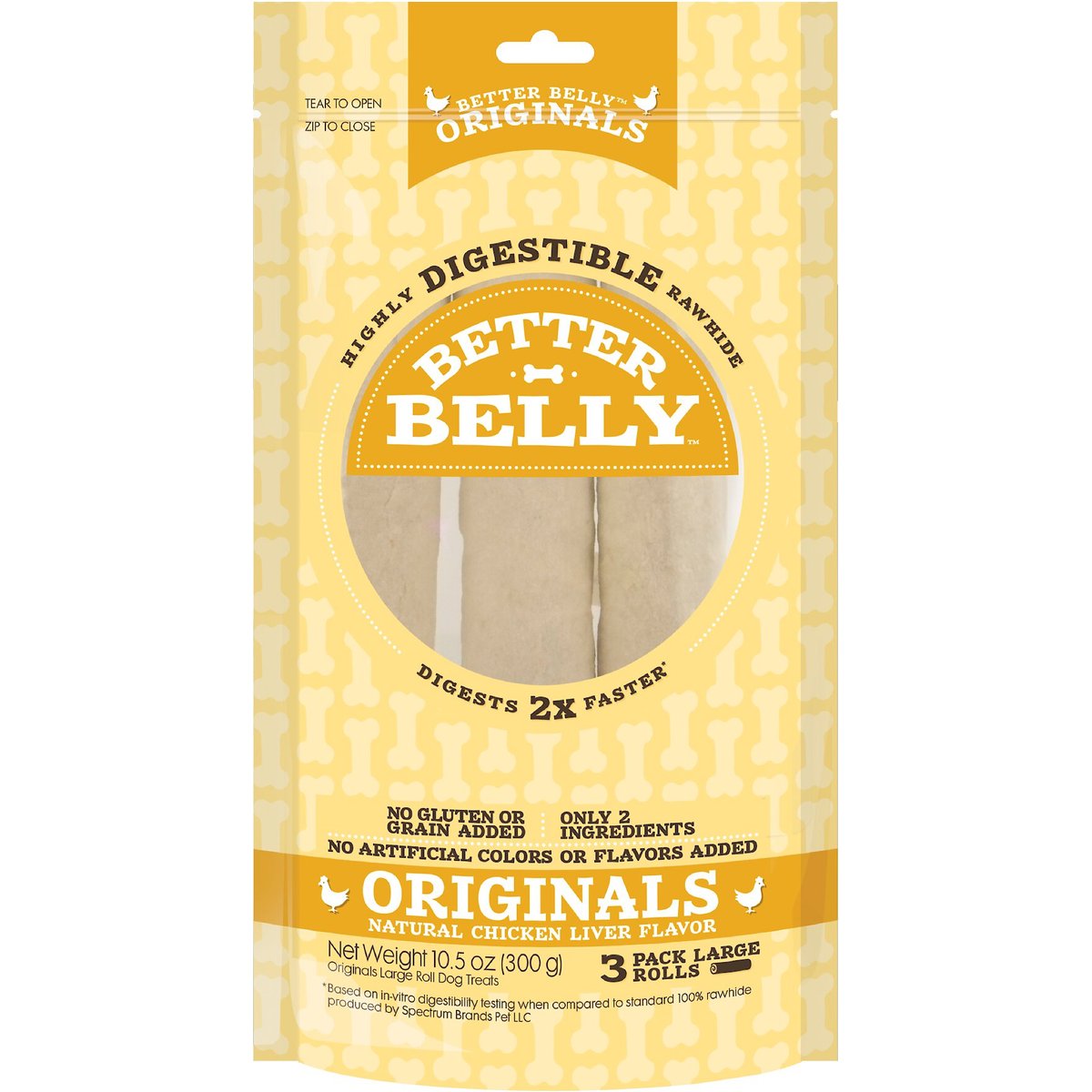 Better Belly Originals Rolls Highly-Digestible Rawhide Chicken Liver Flavor Dog Treat Chew, Large, 3 count