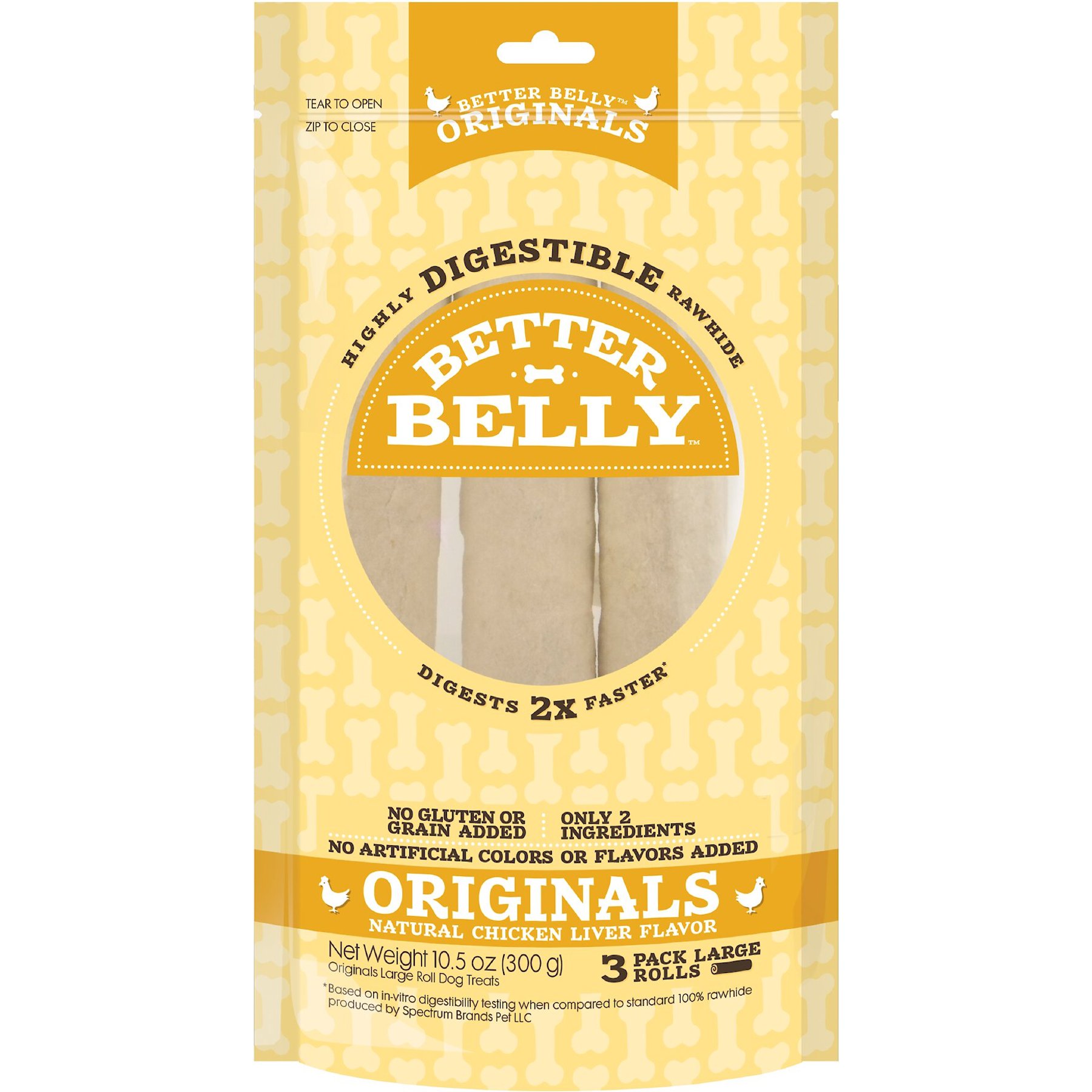 Better Belly Originals Rolls Highly-Digestible Rawhide Chicken Liver Flavor Dog Treat Chew, Large, 3 count