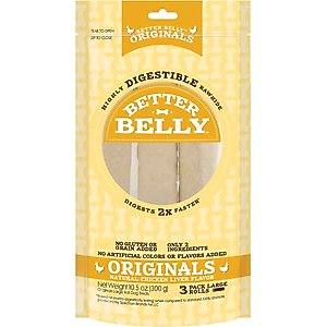 Better Belly Originals Rolls Highly-Digestible Rawhide Chicken Liver Flavor Dog Treat Chew, Large, 3 count