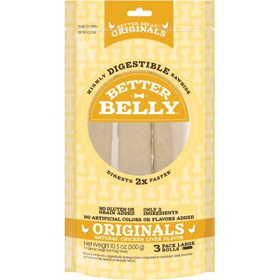 Better Belly Better Belly Originals Rolls Highly-Digestible Rawhide Chicken Liver Flavor Dog Treat Chew, Large, 3 count
