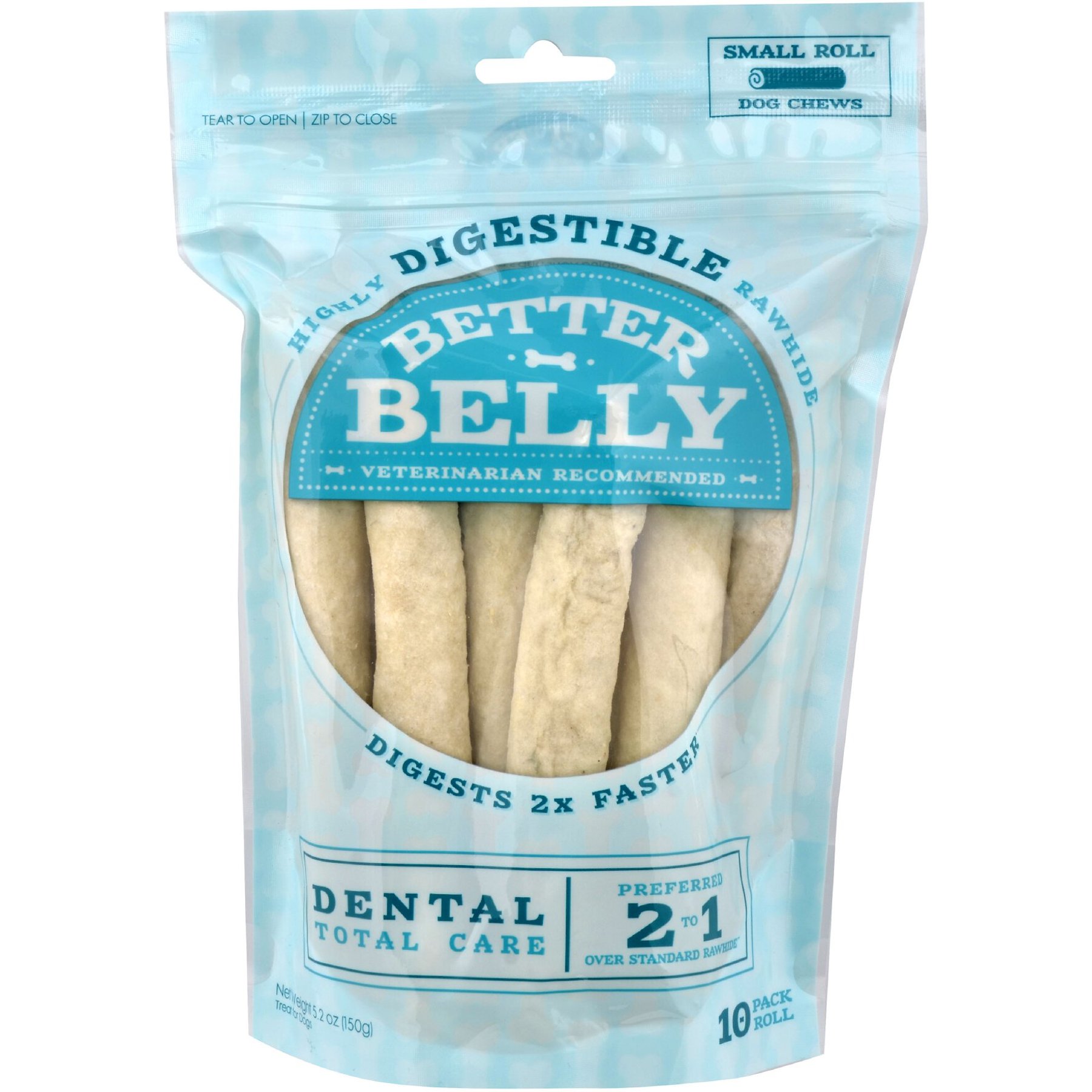 Better Belly Rolls Dental Total Care Highly-Digestible Rawhide Dog Treat Chew, Small, 10 count