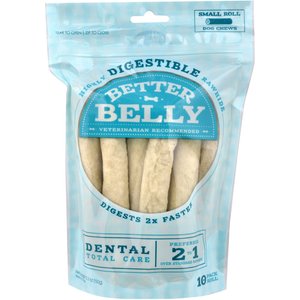 Better Belly Rolls Dental Total Care Highly-Digestible Rawhide Dog Treat Chew, Small, 10 count