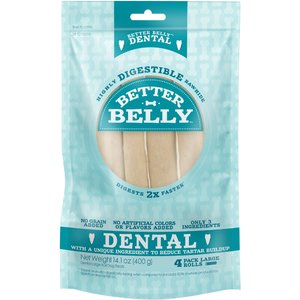 Better Belly Rolls Dental Total Care Highly-Digestible Rawhide Dog Treat Chew, Large, 4 count