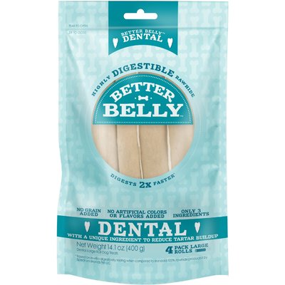 Better Belly Better Belly Rolls Dental Total Care Highly-Digestible Rawhide Dog Treat Chew, Large, 4 count